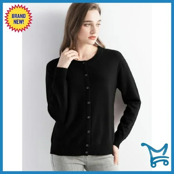 100% Pure Cashmere Cardigan Crew Neck Long Sleeve Knit Sweater